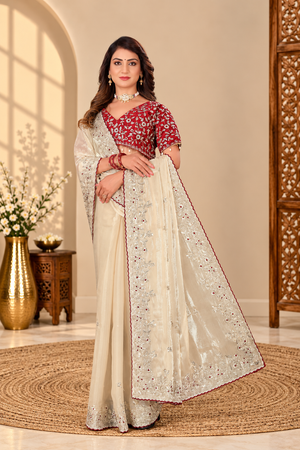 Champagne Cream Fandy Silk Saree with Red Embroidered Blouse