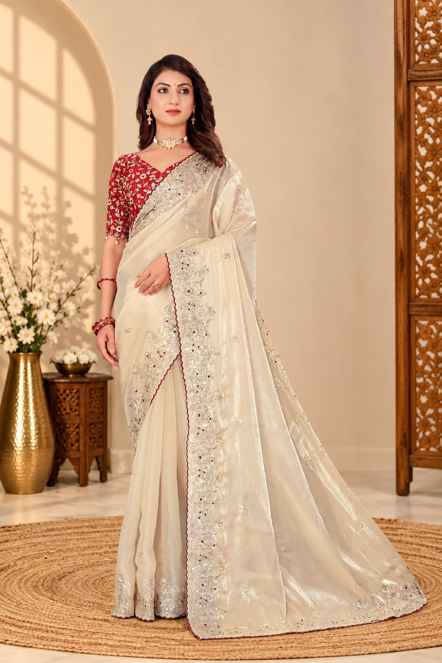 Champagne Cream Fandy Silk Saree with Red Embroidered Blouse