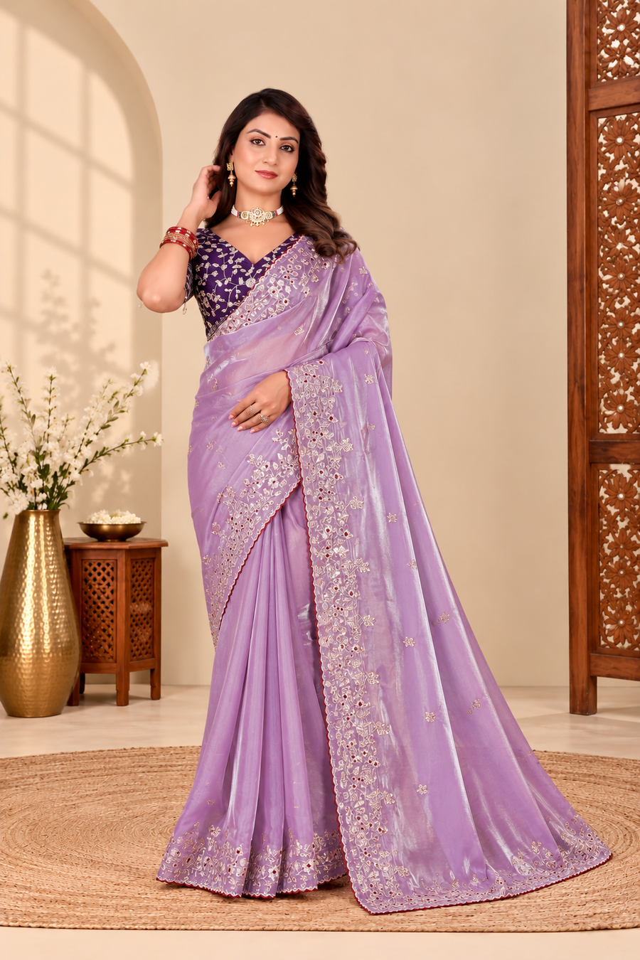 Lavender Fandy Silk Saree with Dark Purple Embroidered Blouse