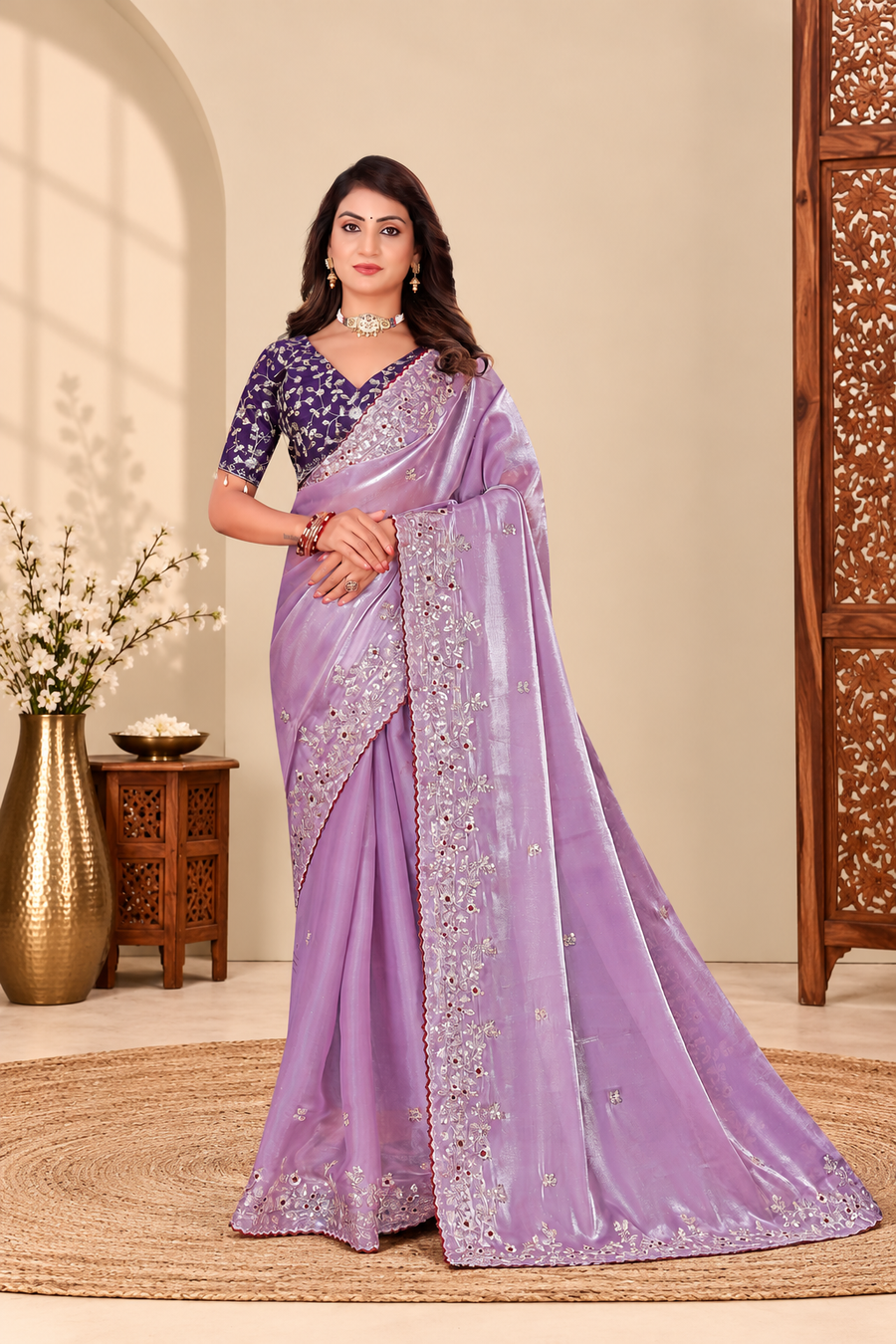 Lavender Fandy Silk Saree with Dark Purple Embroidered Blouse