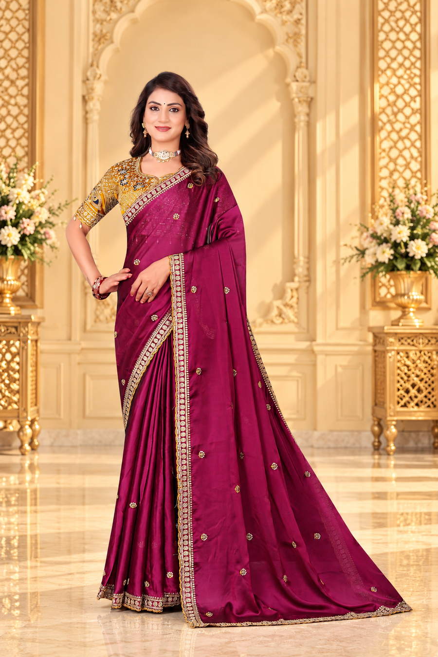 Rani Pink Rangoli Silk Saree with Mustard Gold Embroidered Blouse