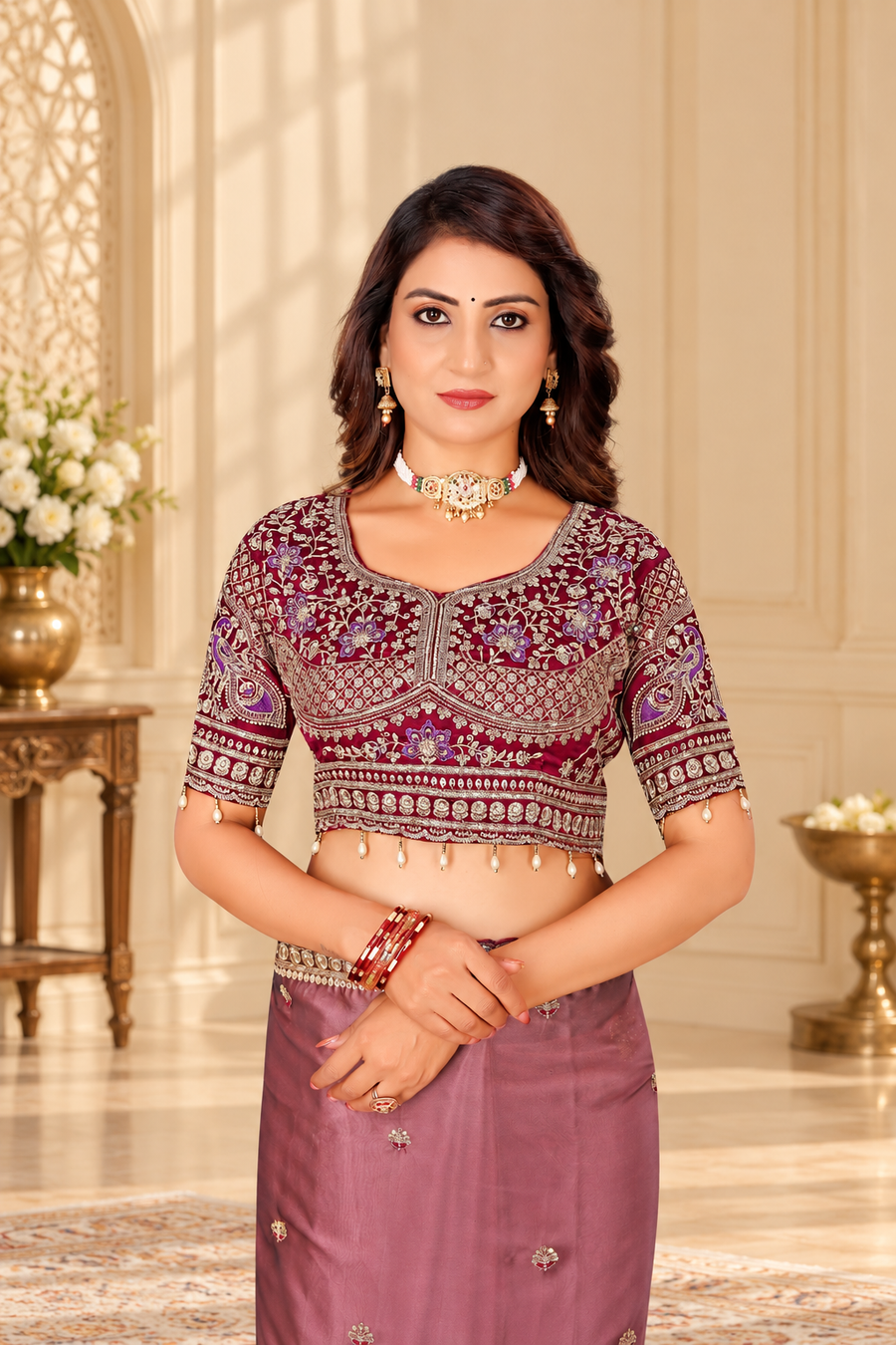 Dusty Mauve Rangoli Silk Saree with Embroidered Blouse