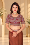Caramel Brown Rangoli Silk Saree with Wine Embroidered Blouse