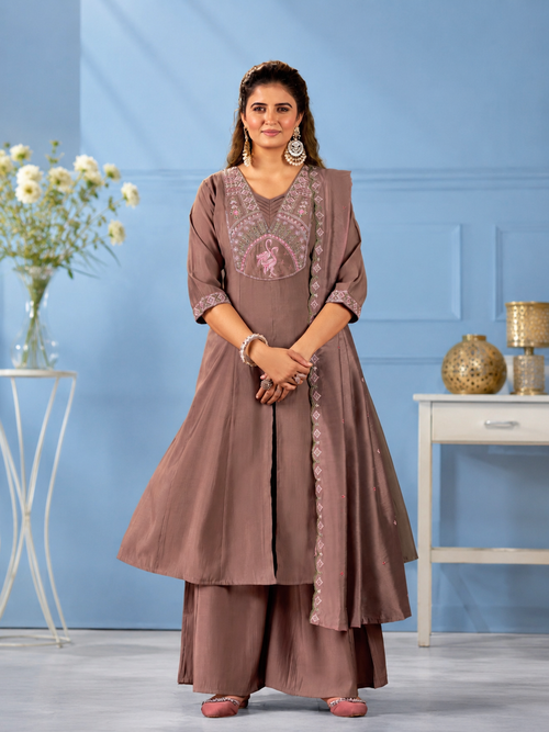 Mauve Rosewood Charm – Roman Silk Two Tone Embroidered Suit