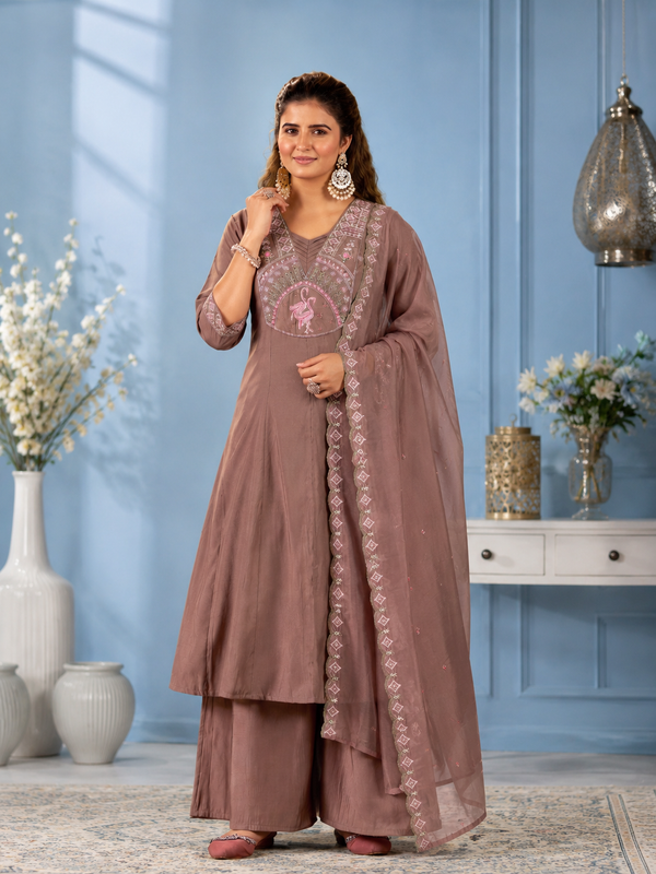 Mauve Rosewood Charm – Roman Silk Two Tone Embroidered Suit