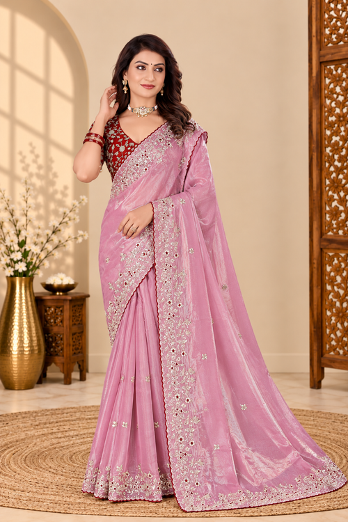 Dusty Pink Fandy Silk Saree with Maroon Embroidered Blouse