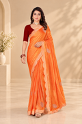 Copper Orange Swarovski Work Satin Silk Saree with Maroon Velvet Blouse