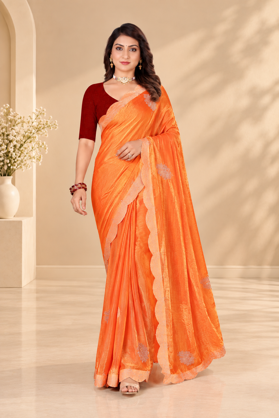 Copper Orange Swarovski Work Satin Silk Saree with Maroon Velvet Blouse