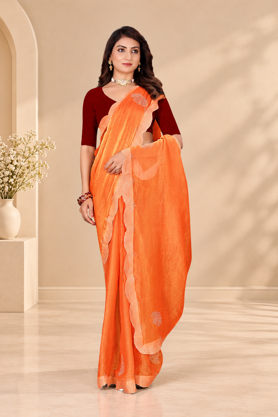 Copper Orange Swarovski Work Satin Silk Saree with Maroon Velvet Blouse