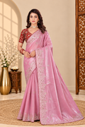 Dusty Pink Fandy Silk Saree with Maroon Embroidered Blouse