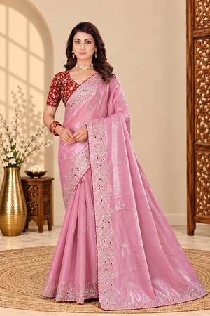 Dusty Pink Fandy Silk Saree with Maroon Embroidered Blouse