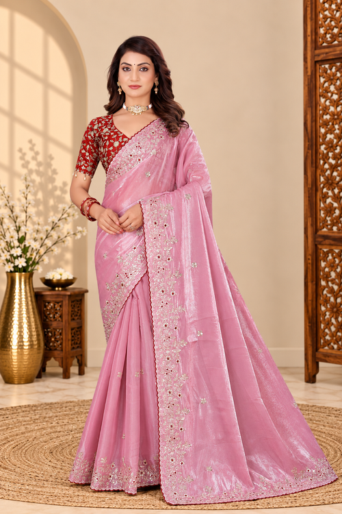 Dusty Pink Fandy Silk Saree with Maroon Embroidered Blouse