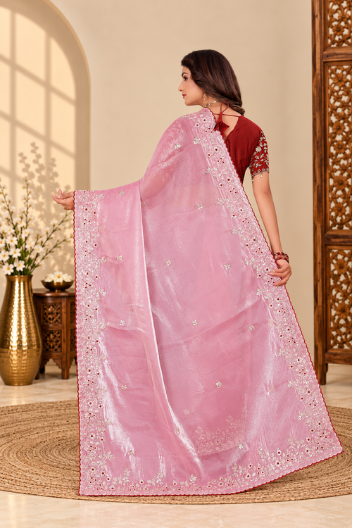 Dusty Pink Fandy Silk Saree with Maroon Embroidered Blouse