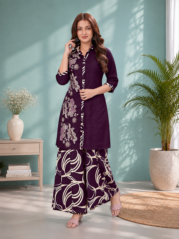 Royal Plum Pure Gaji Silk Printed Kurta & Palazzo Set