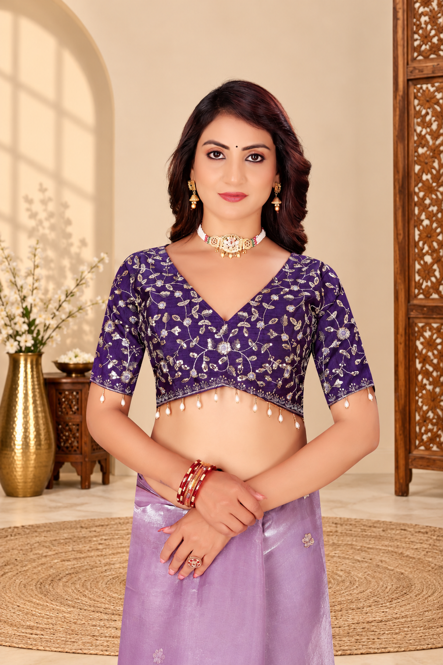 Lavender Fandy Silk Saree with Dark Purple Embroidered Blouse