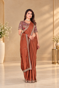 Caramel Brown Rangoli Silk Saree with Wine Embroidered Blouse