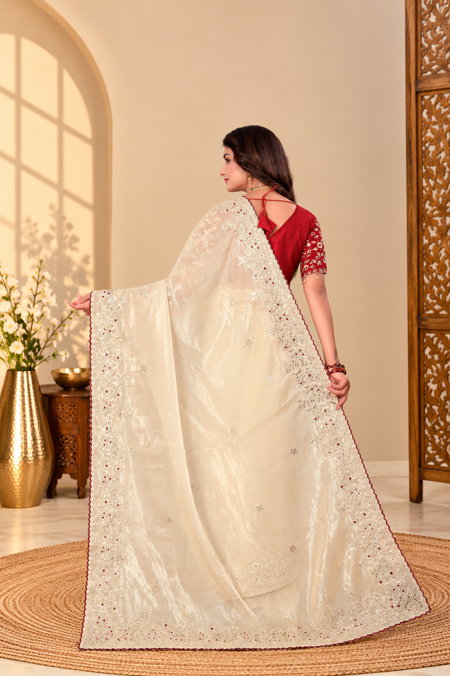 Champagne Cream Fandy Silk Saree with Red Embroidered Blouse