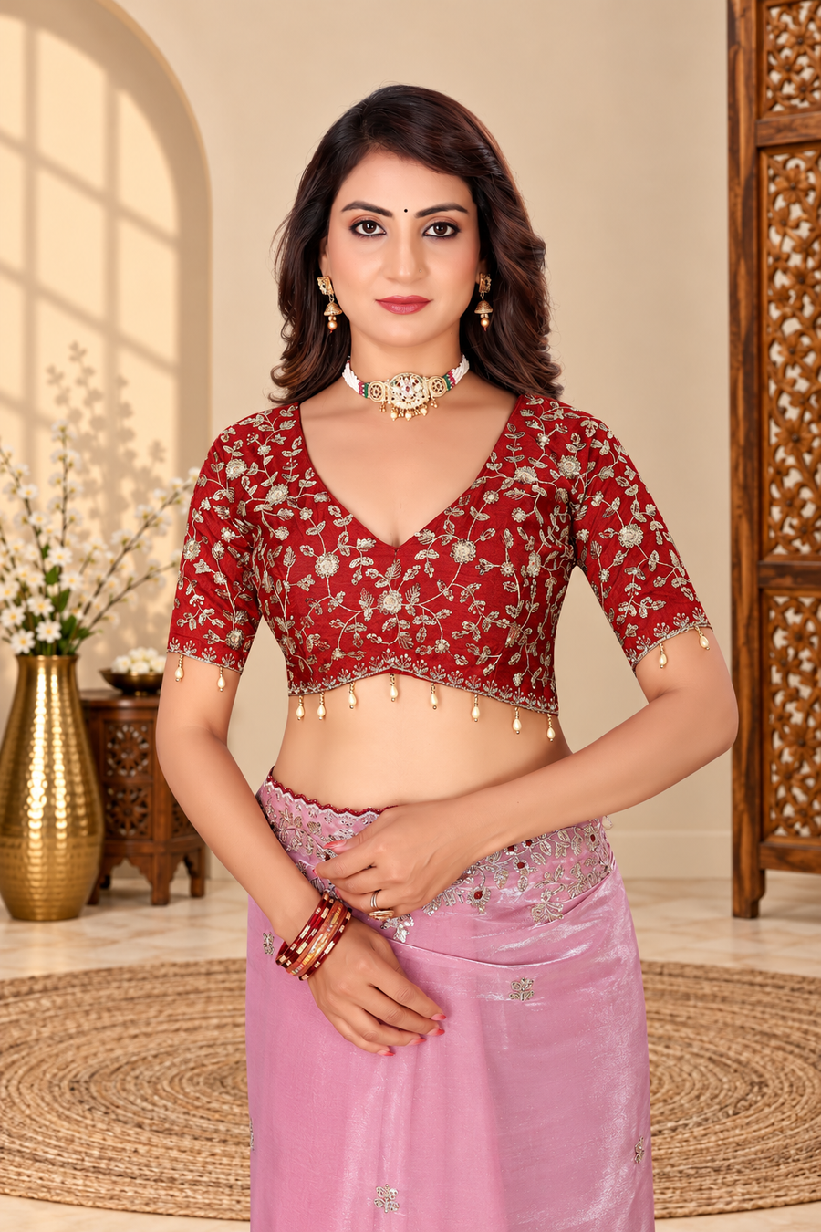 Dusty Pink Fandy Silk Saree with Maroon Embroidered Blouse