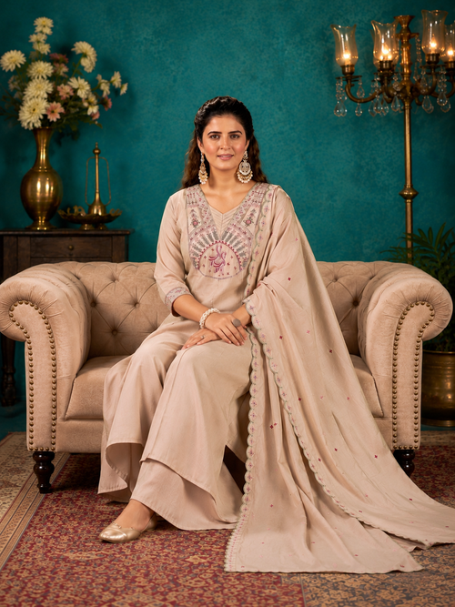 Soft Beige Elegance – Roman Silk Two Tone Embroidered Suit