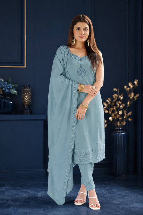 Serene Powder Blue Embroidered Roman Silk Suit Set with Dupatta