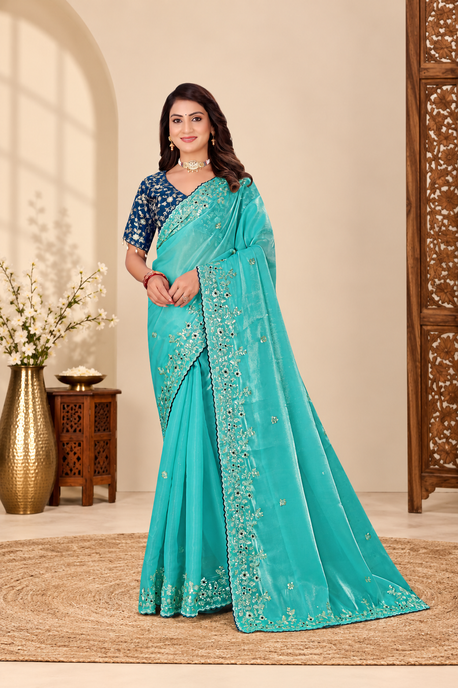 Turquoise Blue Fandy Silk Saree with Embroidered Navy Blue Blouse