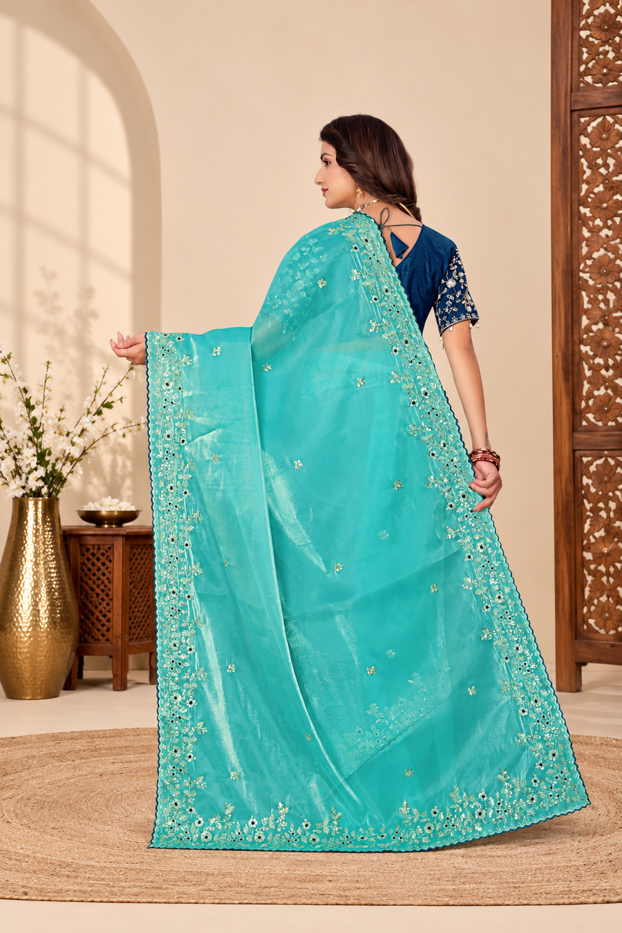 Turquoise Blue Fandy Silk Saree with Embroidered Navy Blue Blouse