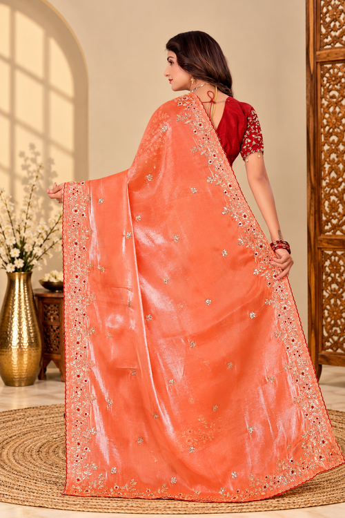 Coral Peach Fandy Silk Saree with Maroon Embroidered Blouse