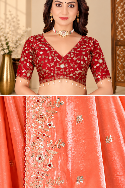 Coral Peach Fandy Silk Saree with Maroon Embroidered Blouse