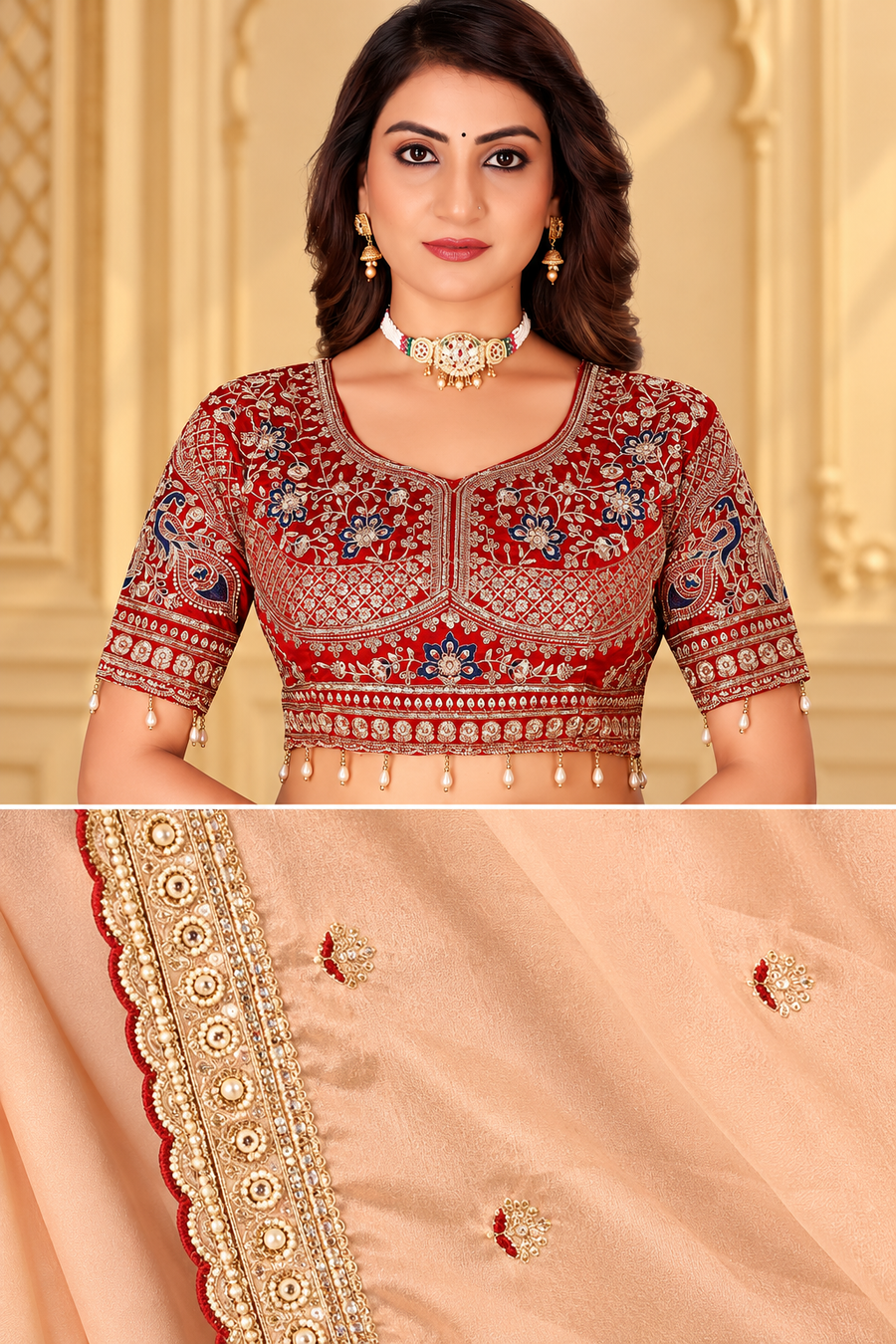Ivory Rangoli Silk Saree with Embroidered Wine Blouse