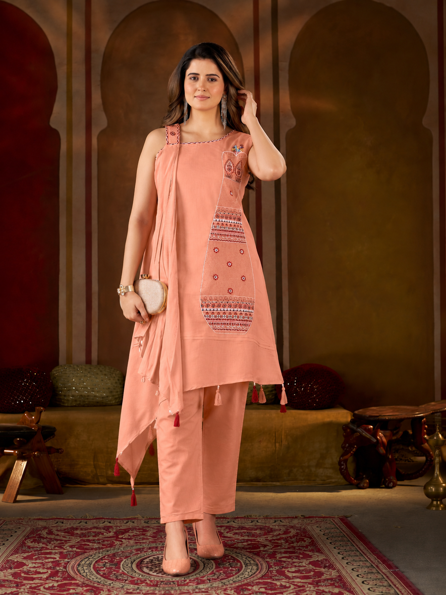 Peach Asymmetric Pure Cotton Kutchi Bharat Kurta Pant Set