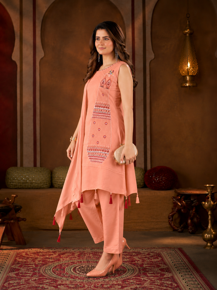 Peach Asymmetric Pure Cotton Kutchi Bharat Kurta Pant Set