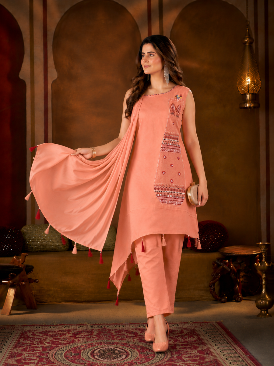 Peach Asymmetric Pure Cotton Kutchi Bharat Kurta Pant Set