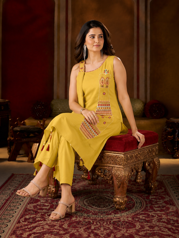 Yellow Asymmetric Pure Cotton Kutchi Bharat Kurta Pant Set
