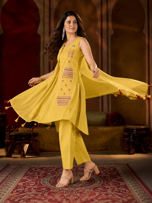 Yellow Asymmetric Pure Cotton Kutchi Bharat Kurta Pant Set