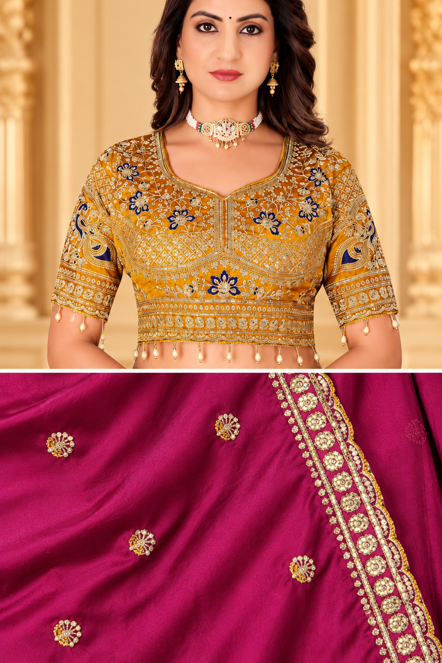 Rani Pink Rangoli Silk Saree with Mustard Gold Embroidered Blouse