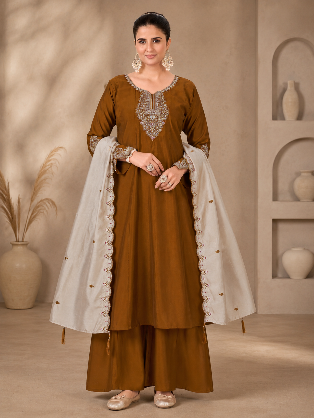 Brown Viscose Roman Silk Anarkali Suit Set with Contrast Beige Dupatta