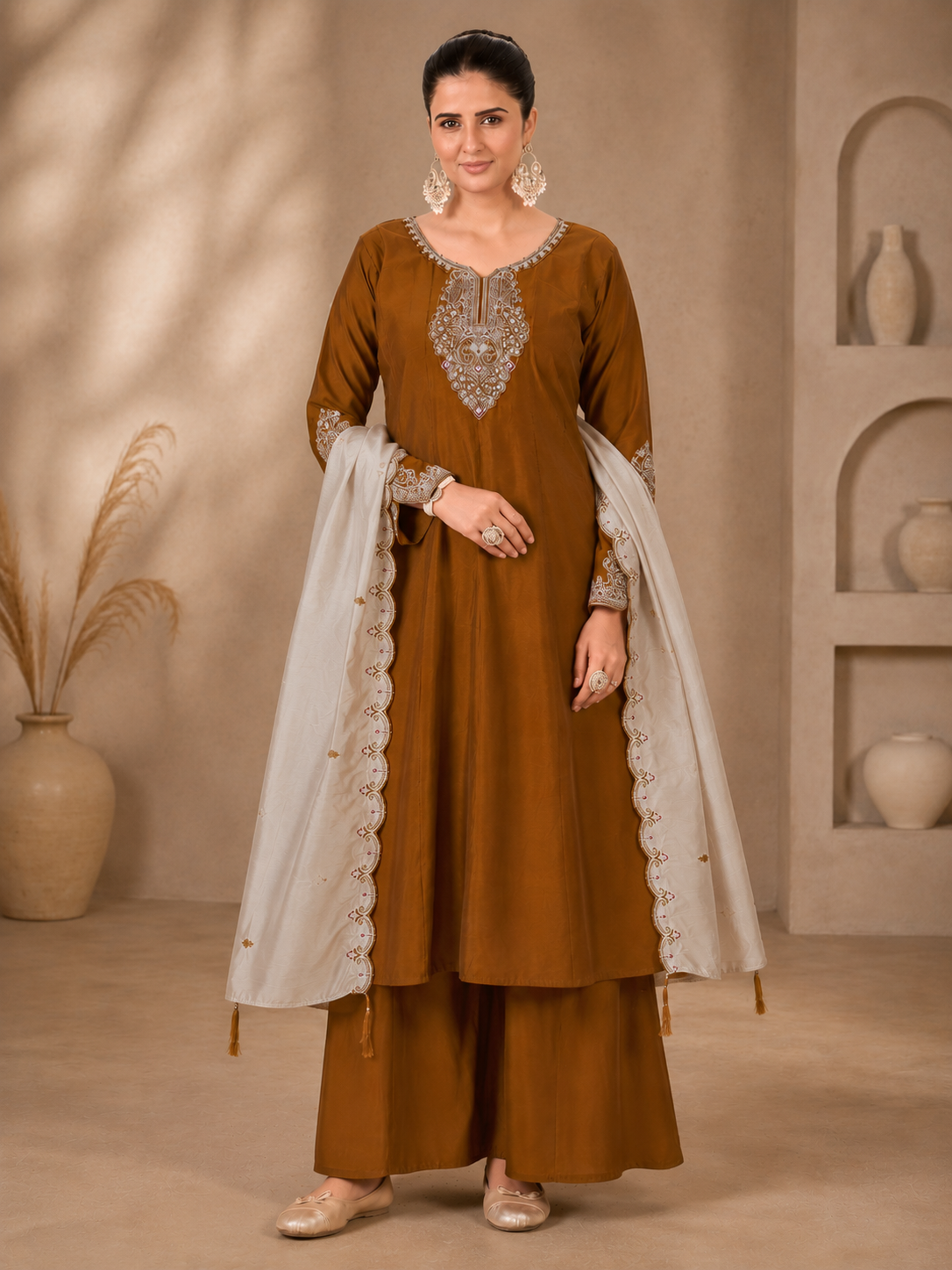 Brown Viscose Roman Silk Anarkali Suit Set with Contrast Beige Dupatta