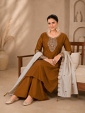 Brown Viscose Roman Silk Anarkali Suit Set with Contrast Beige Dupatta