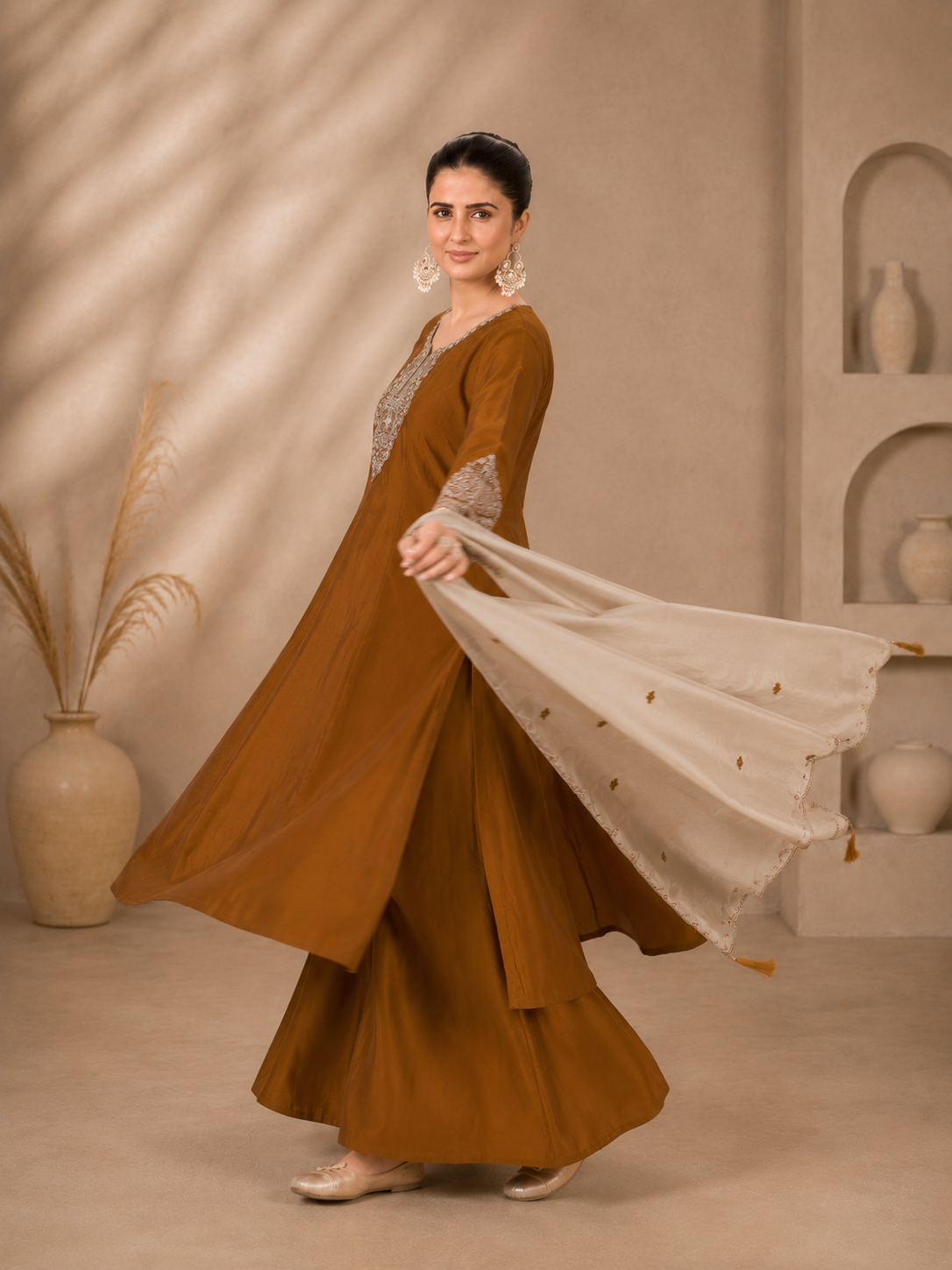 Brown Viscose Roman Silk Anarkali Suit Set with Contrast Beige Dupatta