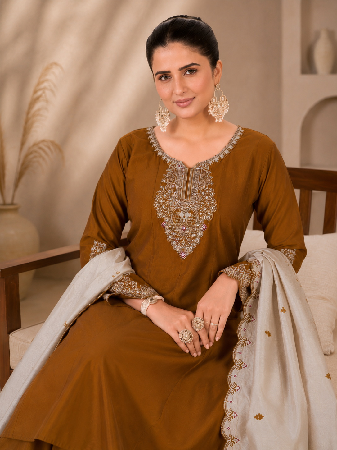Brown Viscose Roman Silk Anarkali Suit Set with Contrast Beige Dupatta