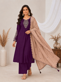 Purple Roman Silk Embroidered Kurta Palazzo Set with Beige Dupatta