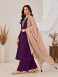 Purple Roman Silk Embroidered Kurta Palazzo Set with Beige Dupatta