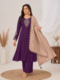 Purple Roman Silk Embroidered Kurta Palazzo Set with Beige Dupatta