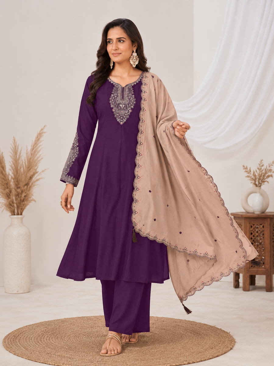 Purple Roman Silk Embroidered Kurta Palazzo Set with Beige Dupatta