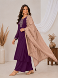 Purple Roman Silk Embroidered Kurta Palazzo Set with Beige Dupatta