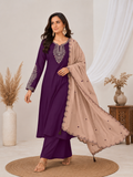 Purple Roman Silk Embroidered Kurta Palazzo Set with Beige Dupatta