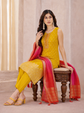 Mustard Yellow Straight Kurta Pant Set with Ombre Banarasi Dupatta