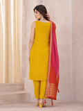 Mustard Yellow Straight Kurta Pant Set with Ombre Banarasi Dupatta