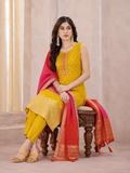 Mustard Yellow Straight Kurta Pant Set with Ombre Banarasi Dupatta