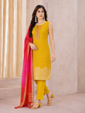Mustard Yellow Straight Kurta Pant Set with Ombre Banarasi Dupatta